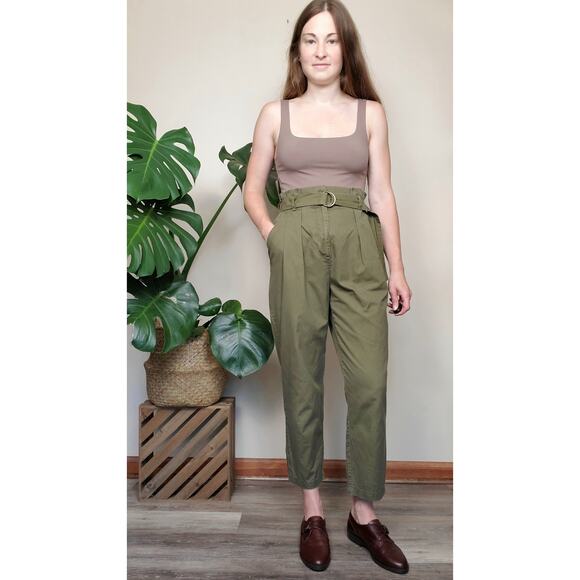 Forever 21 Olive Green High Rise Paperbag Belted Chino Trousers Small - Picture 1 of 7